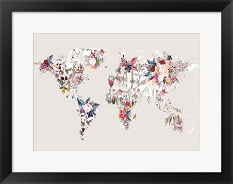 Framed Worldmap Flowers (Light) Print