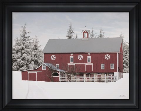 Framed Red Barn in the Pines Print