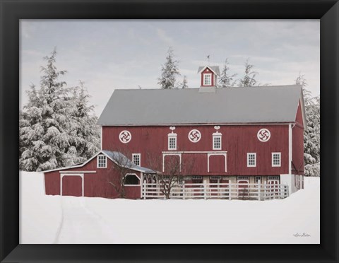 Framed Red Barn in the Pines Print