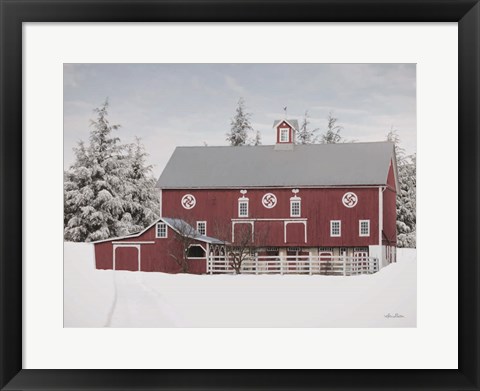 Framed Red Barn in the Pines Print