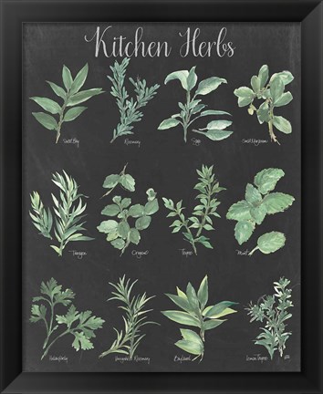 Framed Kitchen Herb Chart on Black II Print