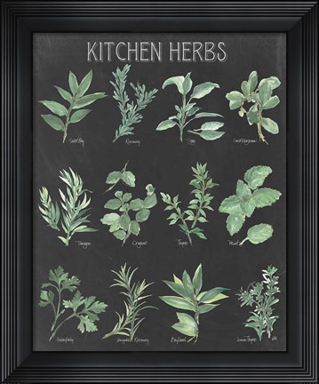 Framed Kitchen Herb Chart on Black I Print