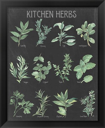 Framed Kitchen Herb Chart on Black I Print