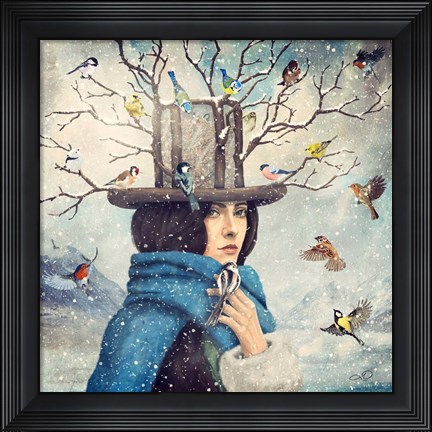 Framed Lady With The Bird Feeder Hat Print