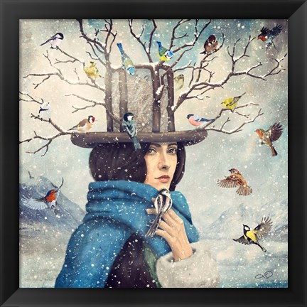 Framed Lady With The Bird Feeder Hat Print