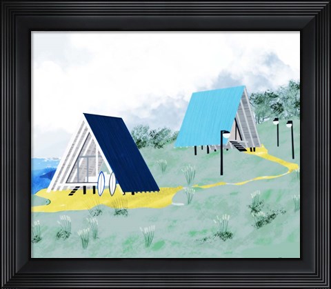 Framed Lake Cabins At Dawn Print