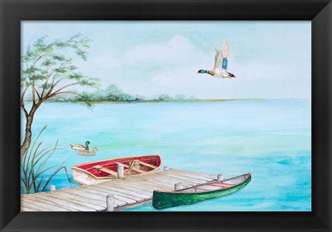 Framed Fishing Dock With Mallards Print