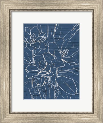 Framed Floral Sketch on Navy I Print