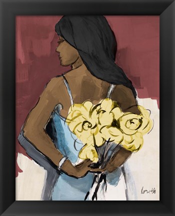 Framed Girl With Yellow Roses Print