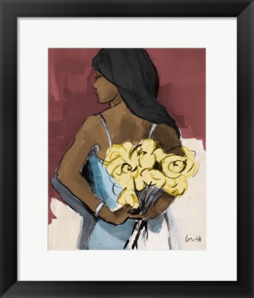 Framed Girl With Yellow Roses Print