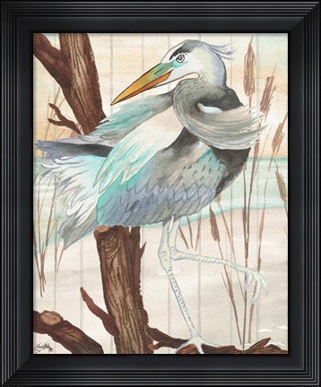 Framed Heron On Branch II Print