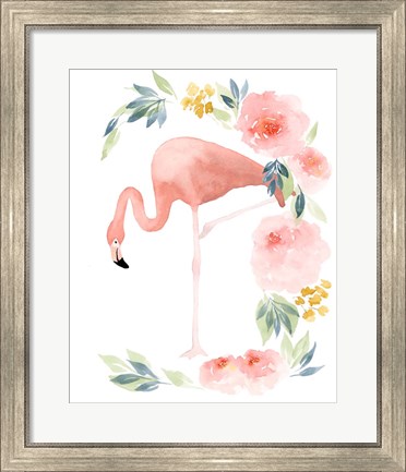 Framed Floral Flamingo I Print