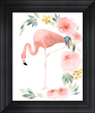 Framed Floral Flamingo I Print