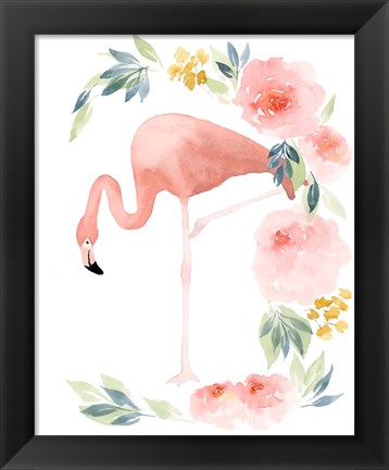 Framed Floral Flamingo I Print