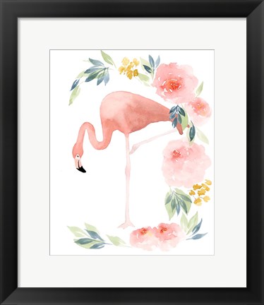 Framed Floral Flamingo I Print