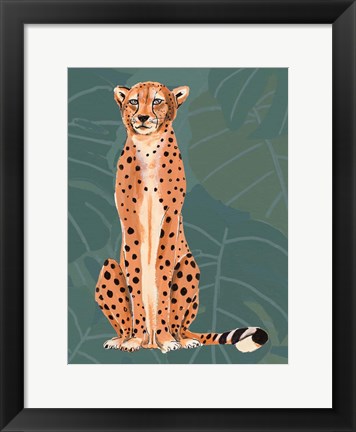 Framed Cheetah Retro On Leaf Pattern Print