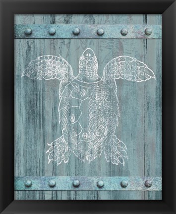 Framed White Turtle On Blue Print