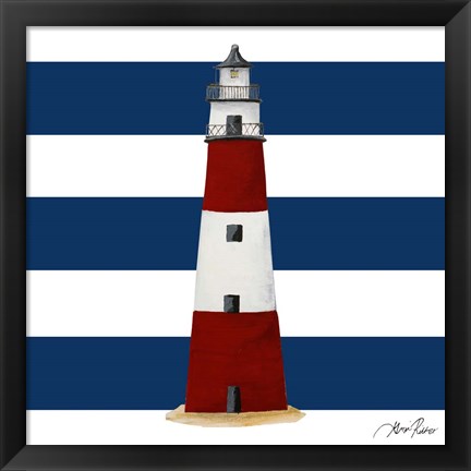 Framed Nautical Stripe Lighthouse Print