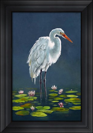 Framed Egret Amongst The Lily Pads Print