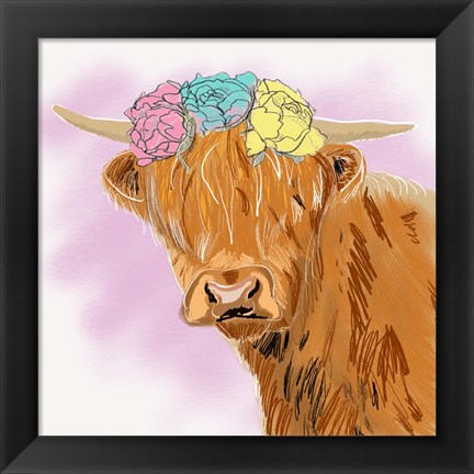Framed Highland Cow With Crown Print