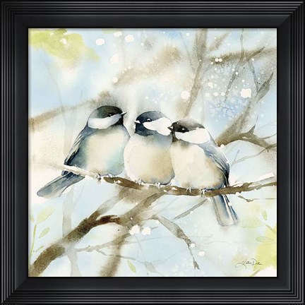Framed Three Chickadees in Spring Sq Print