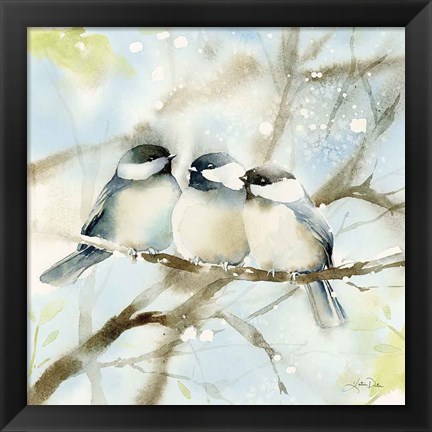 Framed Three Chickadees in Spring Sq Print