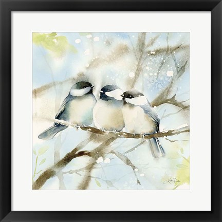 Framed Three Chickadees in Spring Sq Print