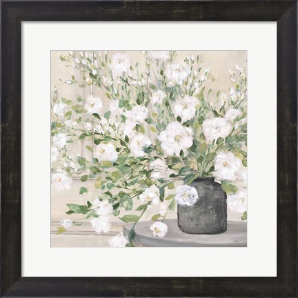 Framed White Bouquet Gray Vase Print