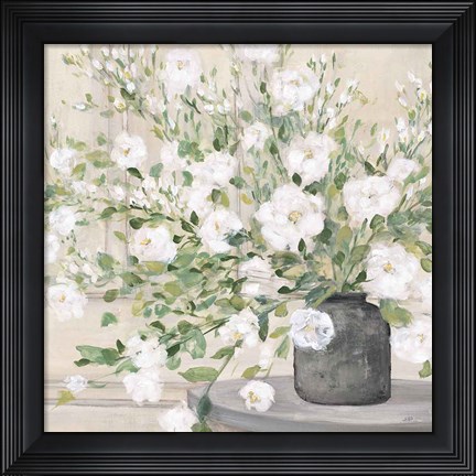Framed White Bouquet Gray Vase Print