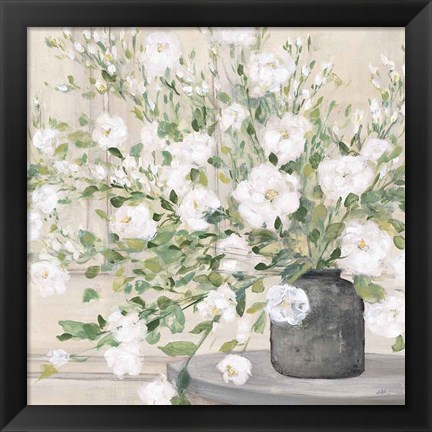 Framed White Bouquet Gray Vase Print