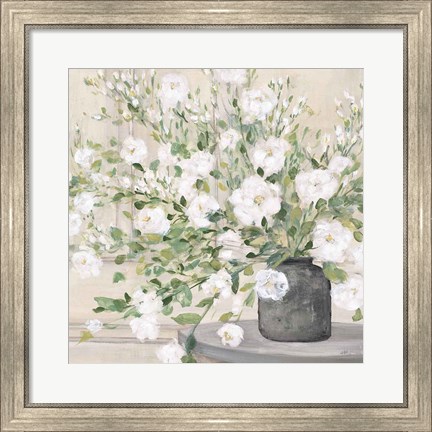Framed White Bouquet Gray Vase Print
