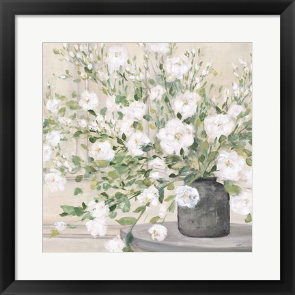 Framed White Bouquet Gray Vase Print