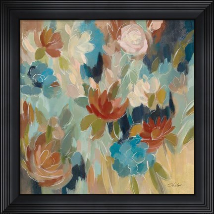 Framed Blue and Sienna Floral Print
