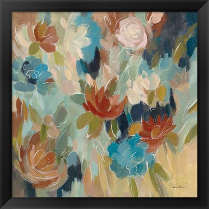 Framed Blue and Sienna Floral Print