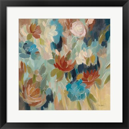 Framed Blue and Sienna Floral Print