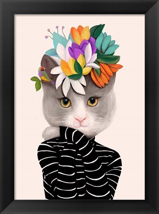 Framed Cat With Flowers and Finch Print