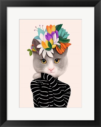 Framed Cat With Flowers and Finch Print