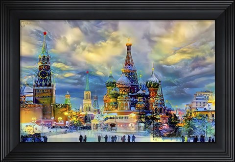 Framed Moscow Russia Saint Basil's Cathedral Kremlin Red Square ice snow and skating Print