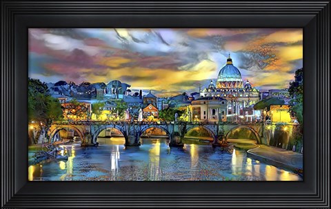 Framed Vatican City Saint Peter Basilica and bridge by night Print