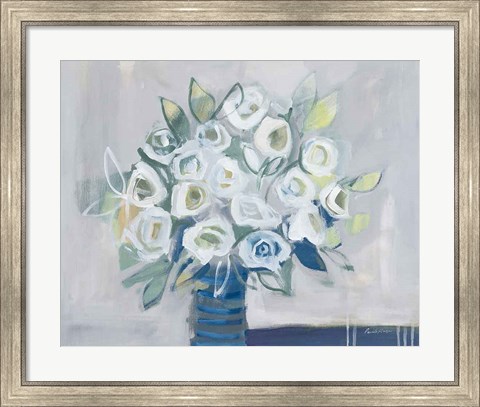 Framed White Roses on Gray Print