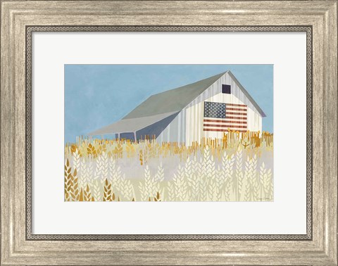 Framed Wheat Fields Barn with Flag Print