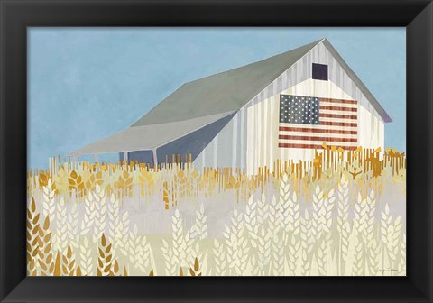 Framed Wheat Fields Barn with Flag Print