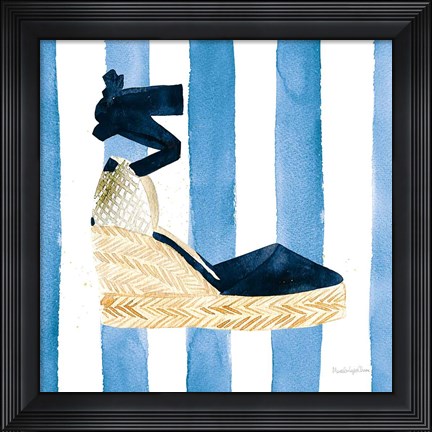 Framed Beach Glam VI Navy on Stripes Print