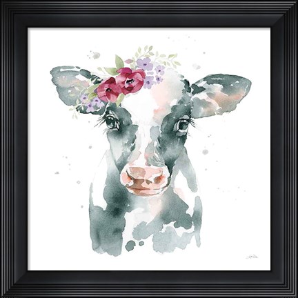 Framed Floral Cow Pink Sq Print