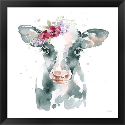 Framed Floral Cow Pink Sq Print