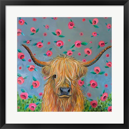 Framed Highland Cow with Flowers Print
