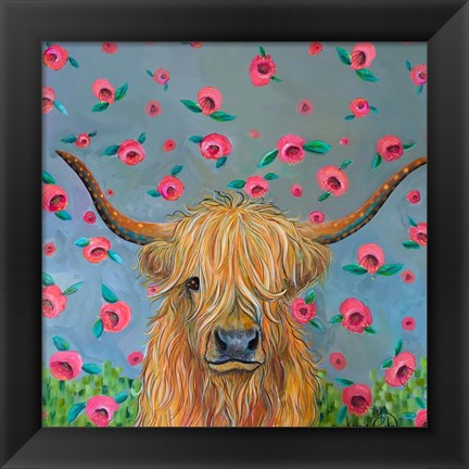 Framed Highland Cow with Flowers Print
