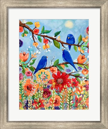 Framed Bluebird Sand Blossoms Print