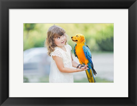Framed Girl and Parrotpup Print
