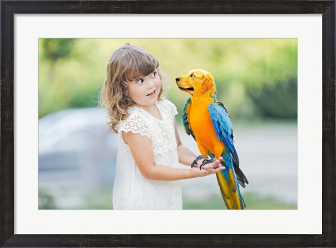 Framed Girl and Parrotpup Print
